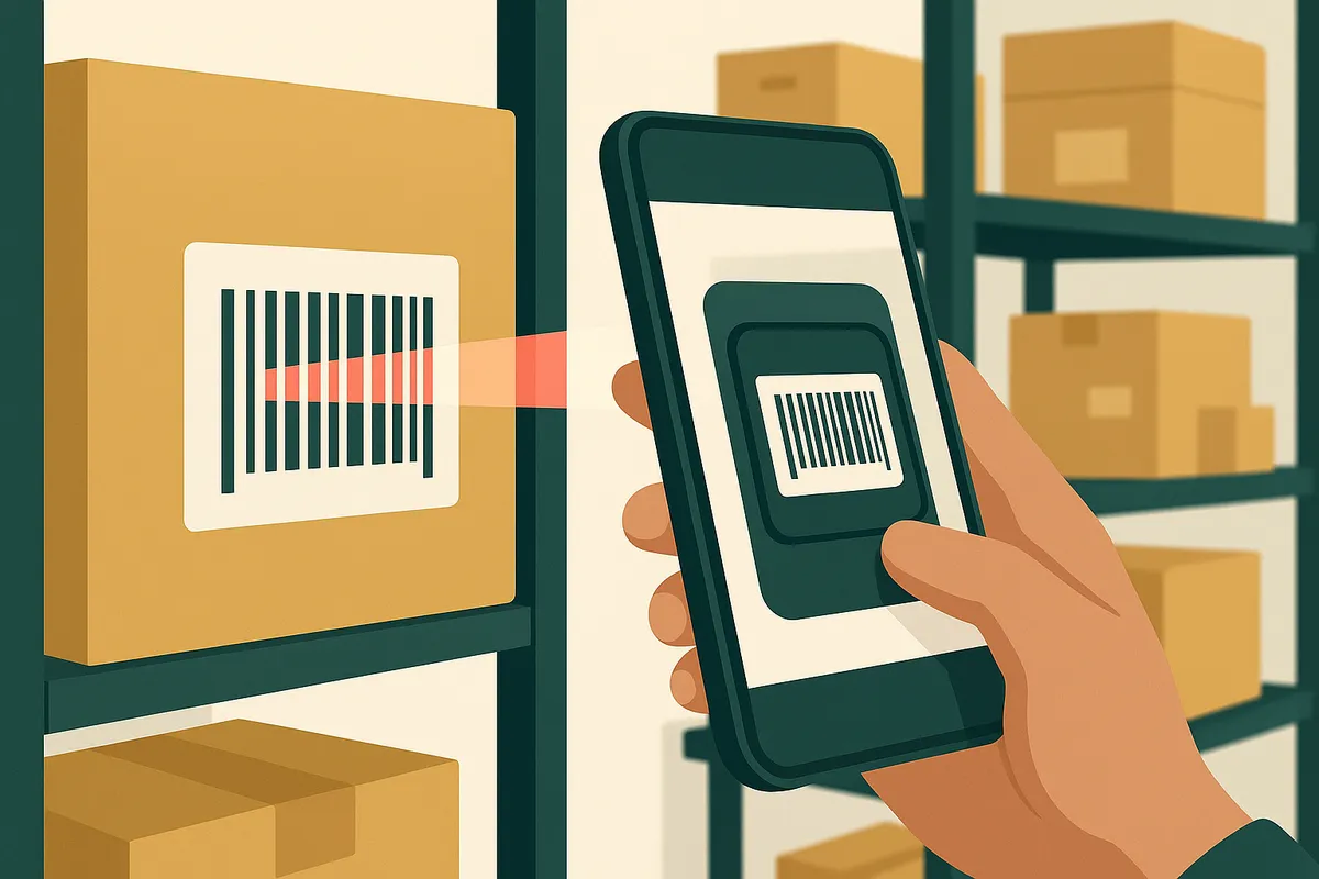 Warehouse worker scanning product barcode with smartphone connected to Shopify inventory system