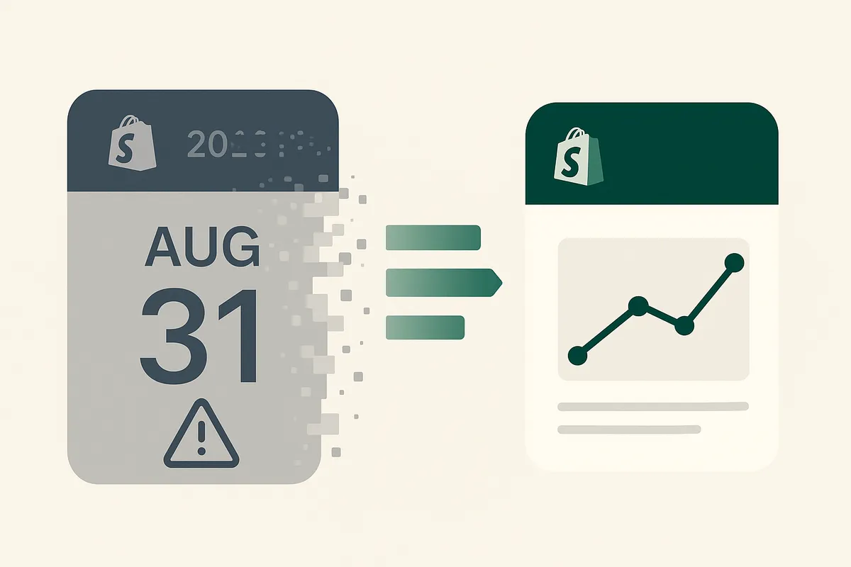 Shopify Stocky app sunset notification with calendar showing August 2026 deadline