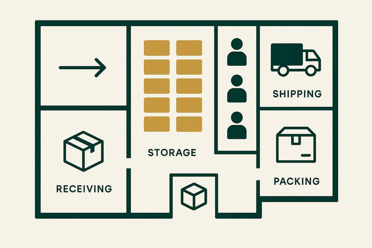 Small business warehouse layout showing organised shelving, pick zones, and shipping containers used for overflow stock storage