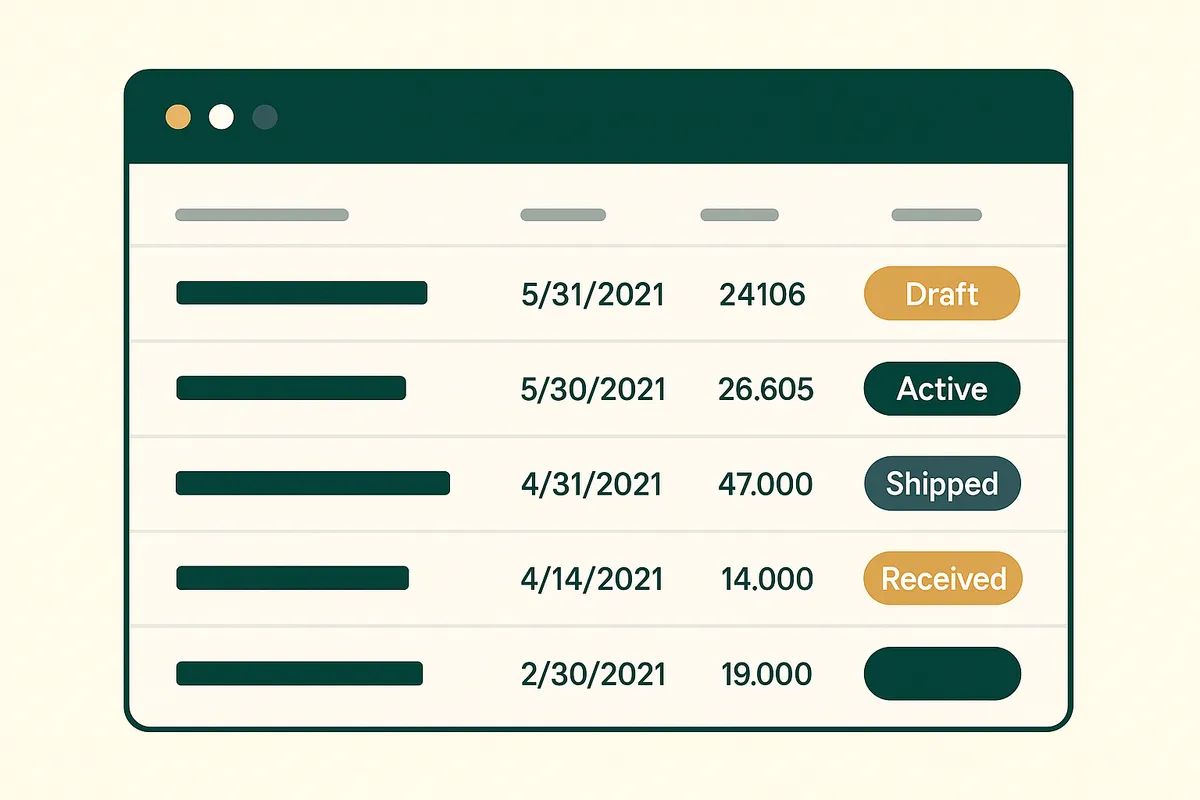Canopy purchase order management screen showing open POs with supplier details and expected delivery dates