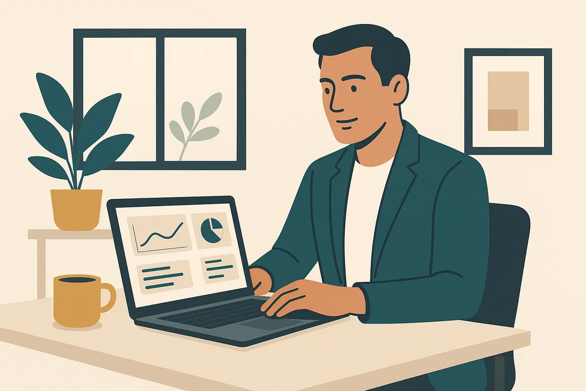 Ecommerce founder at a desk surrounded by product samples and a laptop showing inventory data