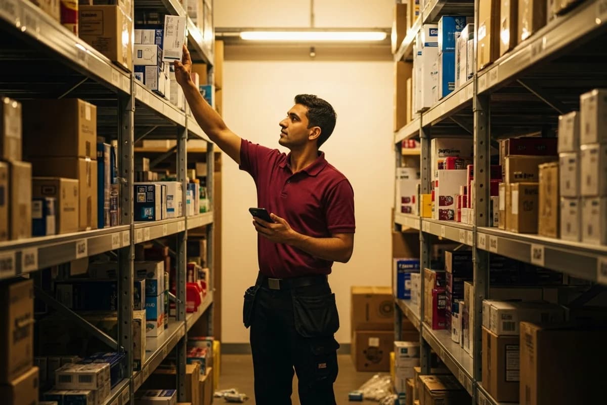 Warehouse worker checking stock levels on shelving