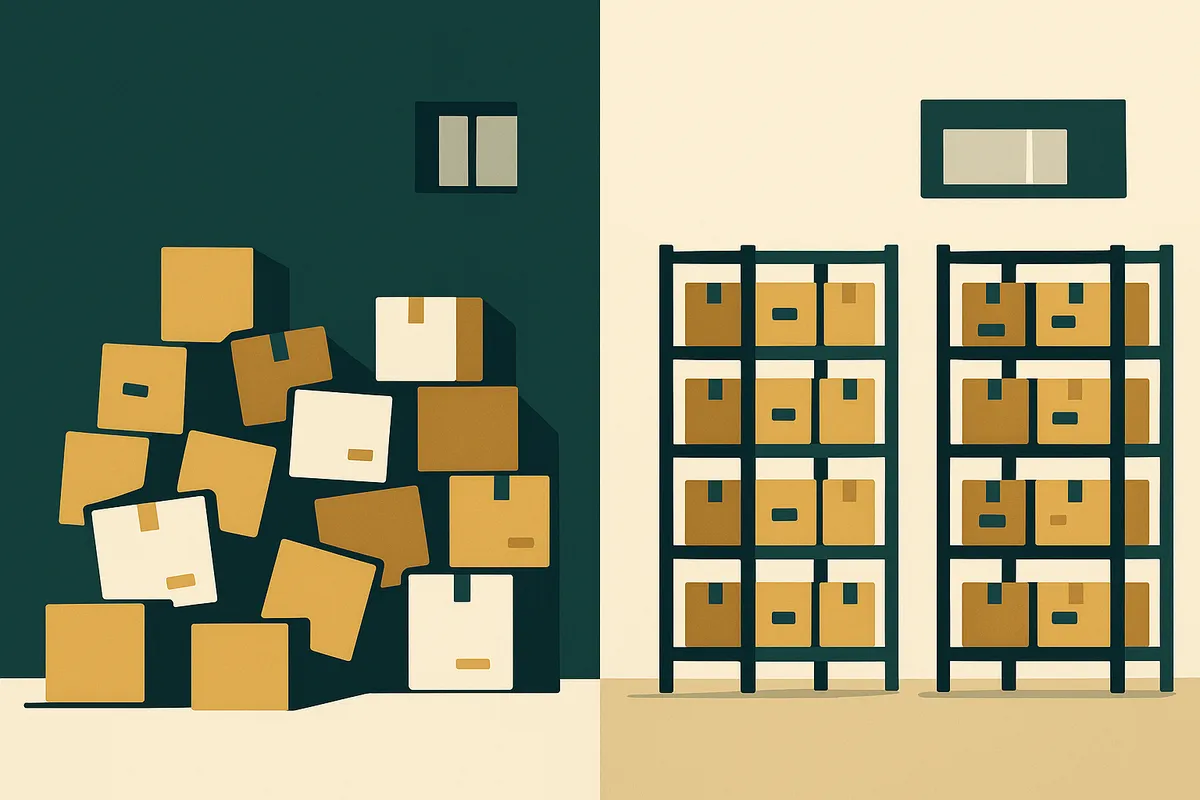 Side-by-side showing a spare room operation at £100K vs organised warehouse at £1M