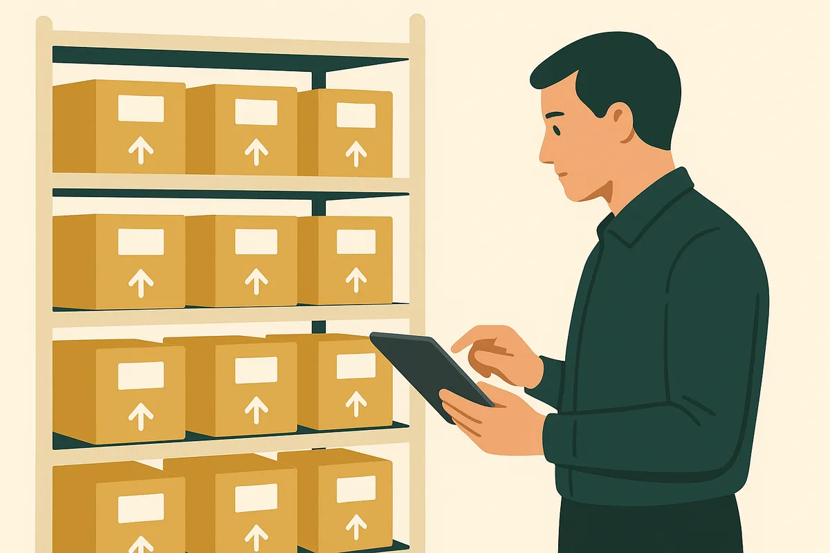 Technology stack diagram for small business warehouse showing barcode scanner, label printer, Shopify multi-location, and inventory app